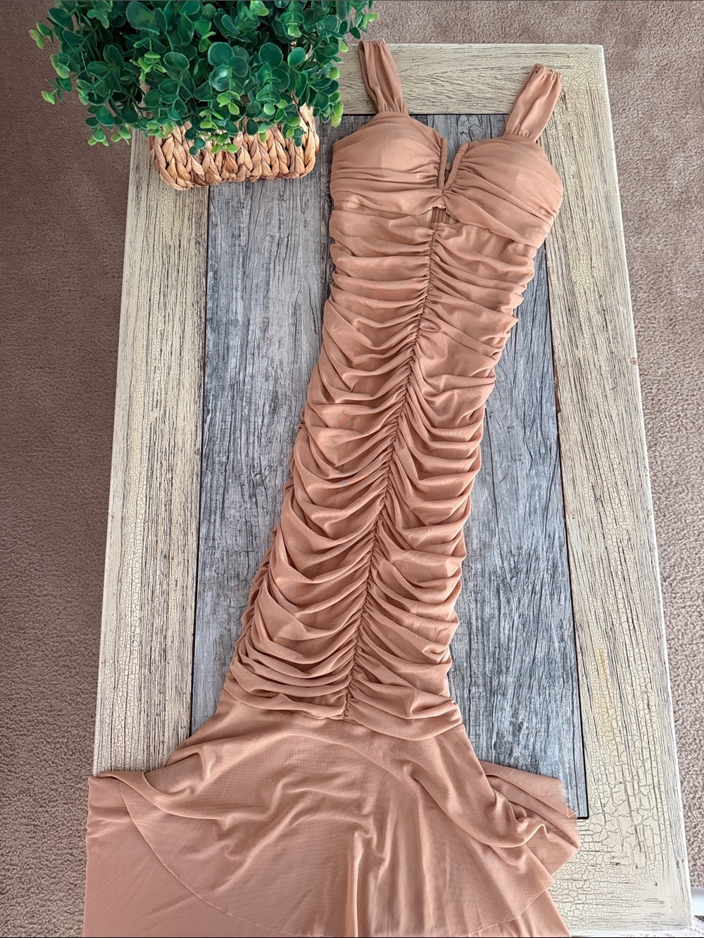 Ruched Bodycon Maxi Dress in Taupe
